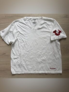 True Religion White V-Neck Tee with Red Sleeve Logo